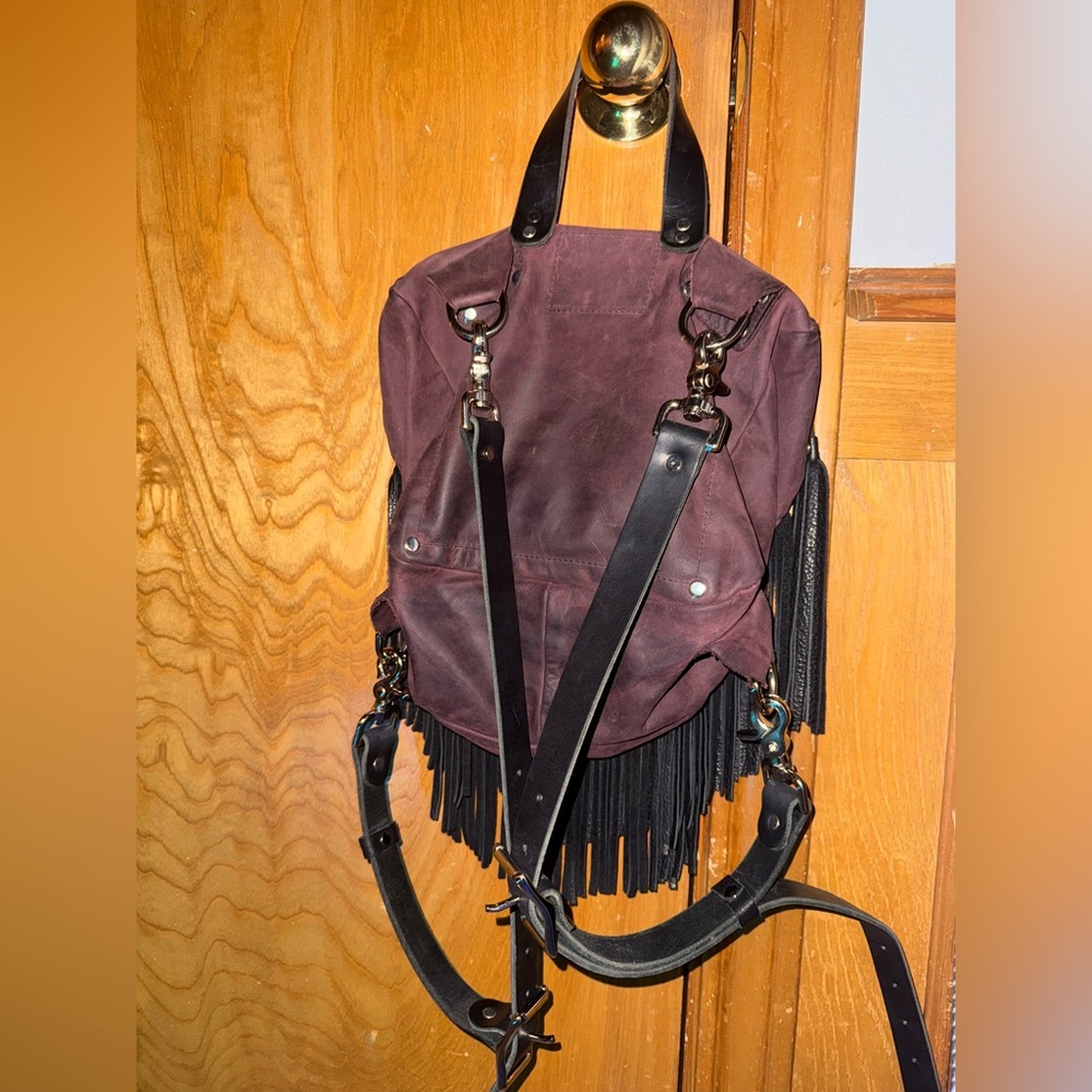 Birdtrouble 100% leather Mini Melissa purple&black pebbled bison fringe backpack - Picture 10 of 12